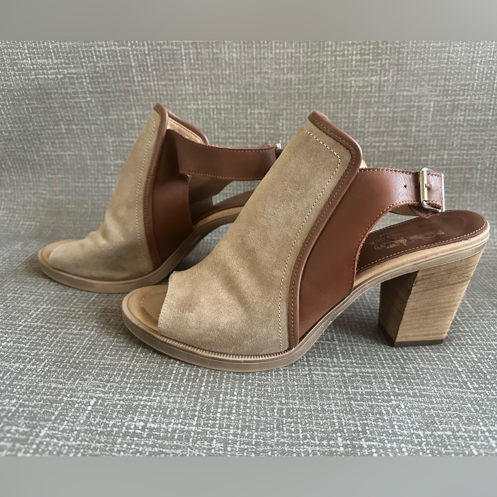 Coach And Four Tan Brown Suede & Leather Peep Toe Block Heel Slingback Size 10